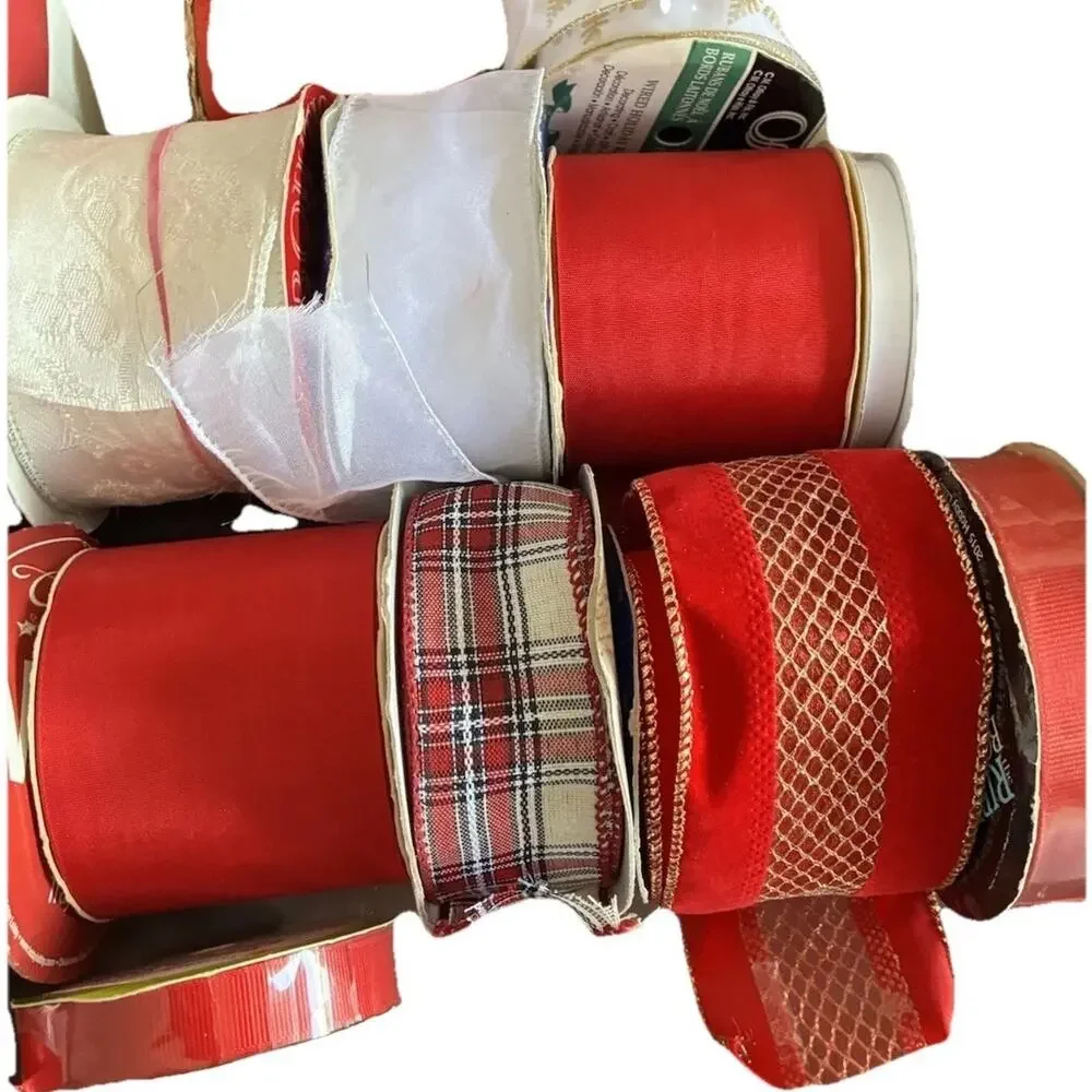 VTG 15 Christmas Holiday Gift Wrapping Ribbon Roll RED White velvet Satin Lot 15